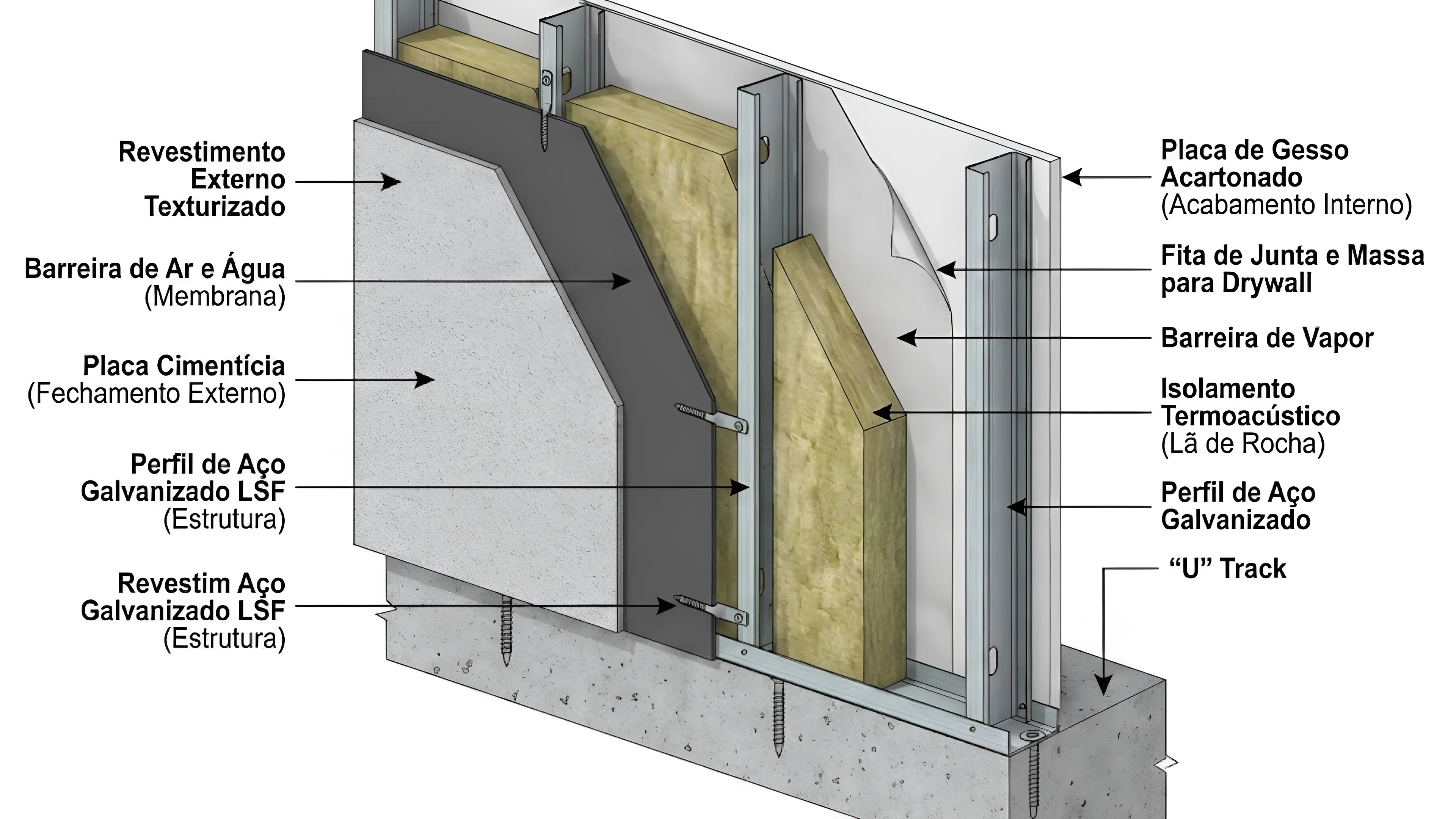 Diagrama técnico das camadas de parede LSF